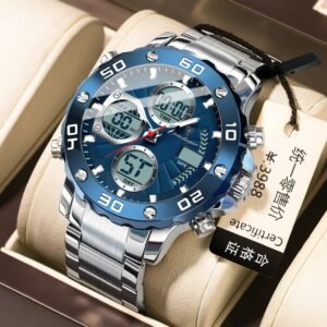 POEDAGAR LED Alarm Dual Time Display Digital Quartz Men Watch